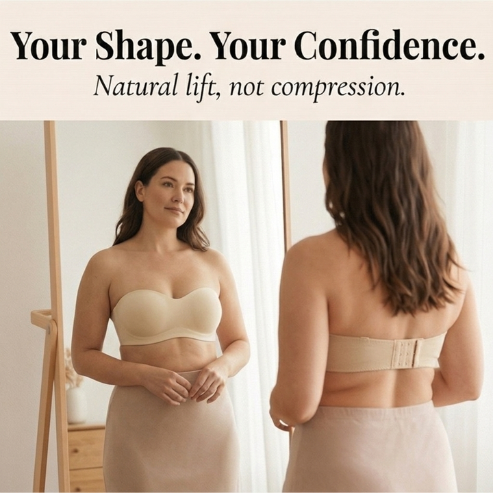 Feature panel showing a nude strapless bandeau bra front and back at a mirror