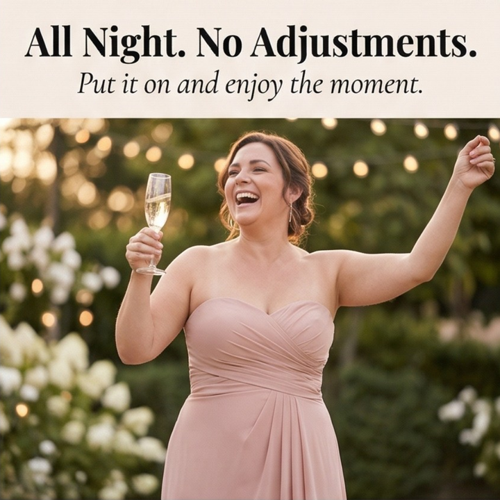 Feature panel of a woman in a blush gown at an evening party