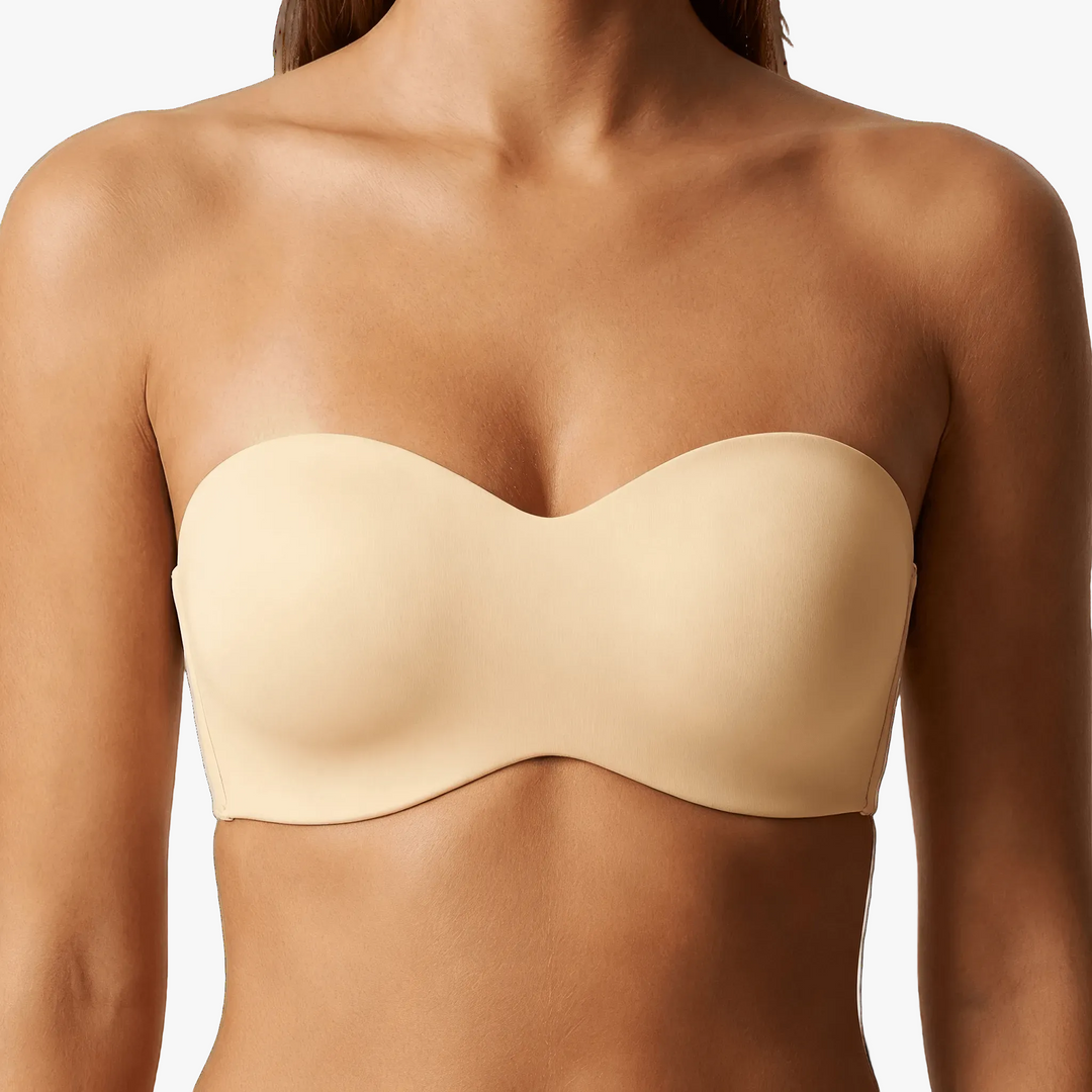 Nude strapless bandeau bra worn on a body