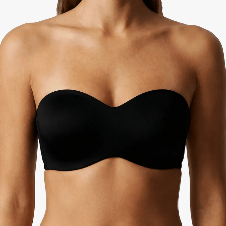 Black strapless bandeau bra worn on a body