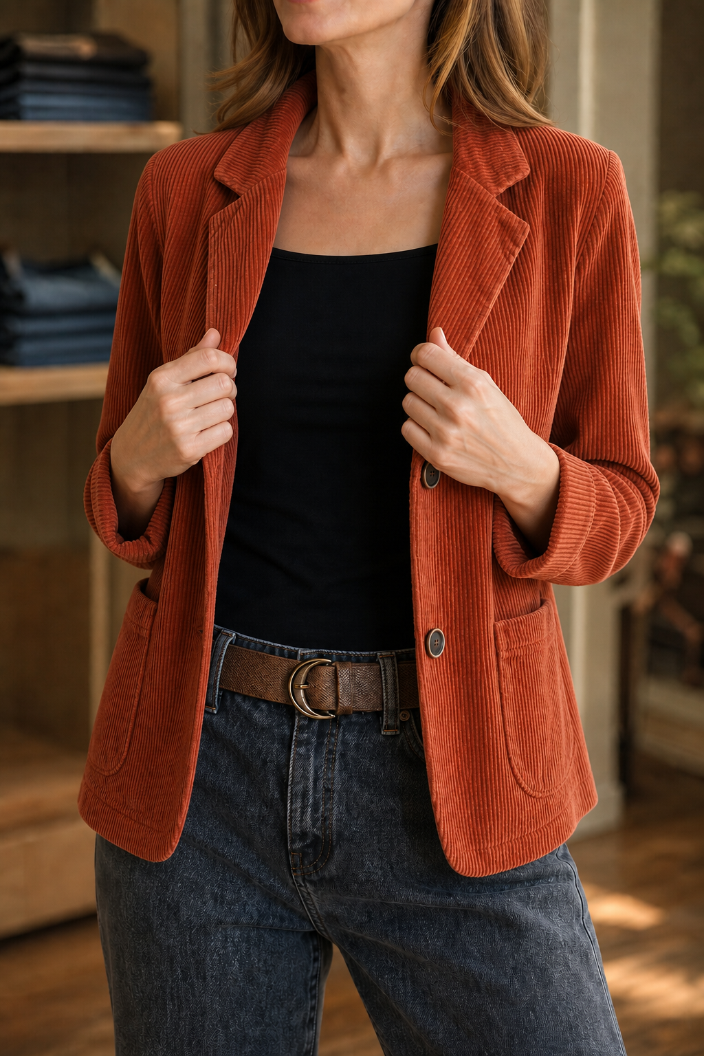 Rust corduroy blazer worn open over a black top and jeans