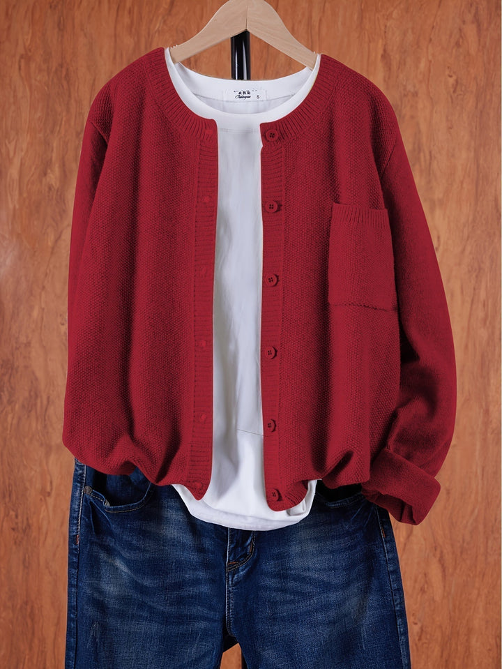 Crew Neck Button Cardigan with Chest Pocket