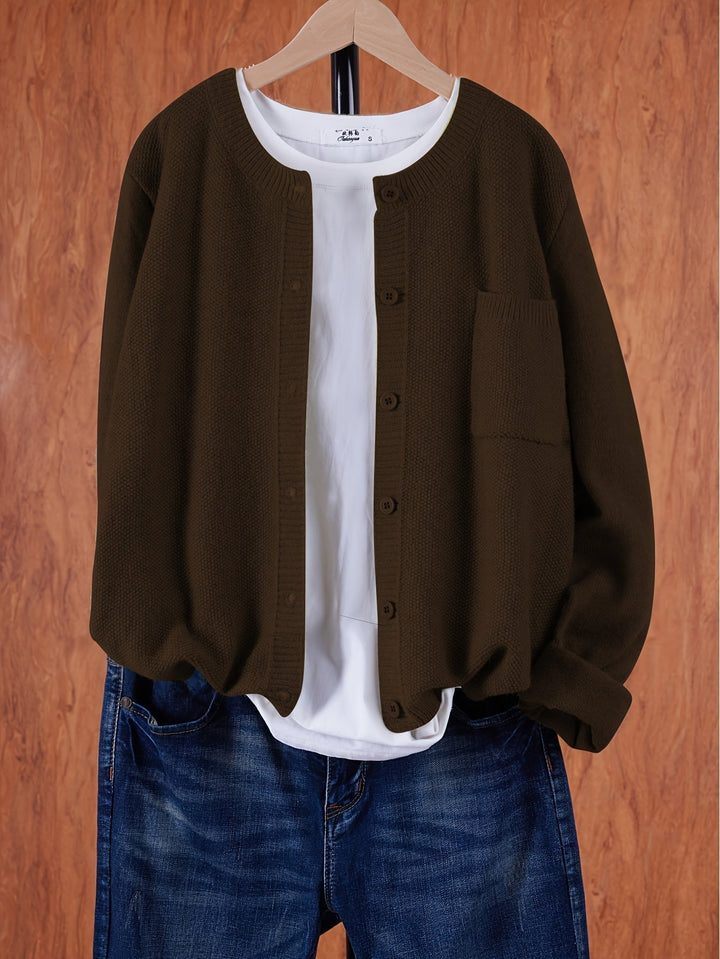 Crew Neck Button Cardigan with Chest Pocket