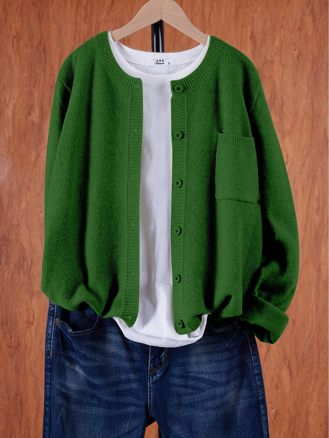 Crew Neck Button Cardigan with Chest Pocket
