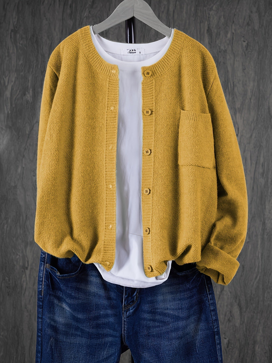 Crew Neck Button Cardigan with Chest Pocket