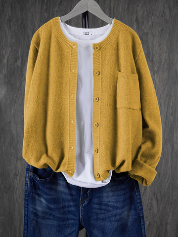 Crew Neck Button Cardigan with Chest Pocket