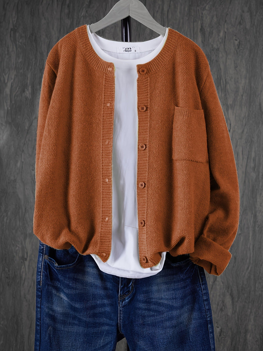 Crew Neck Button Cardigan with Chest Pocket