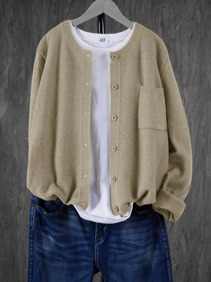 Crew Neck Button Cardigan with Chest Pocket