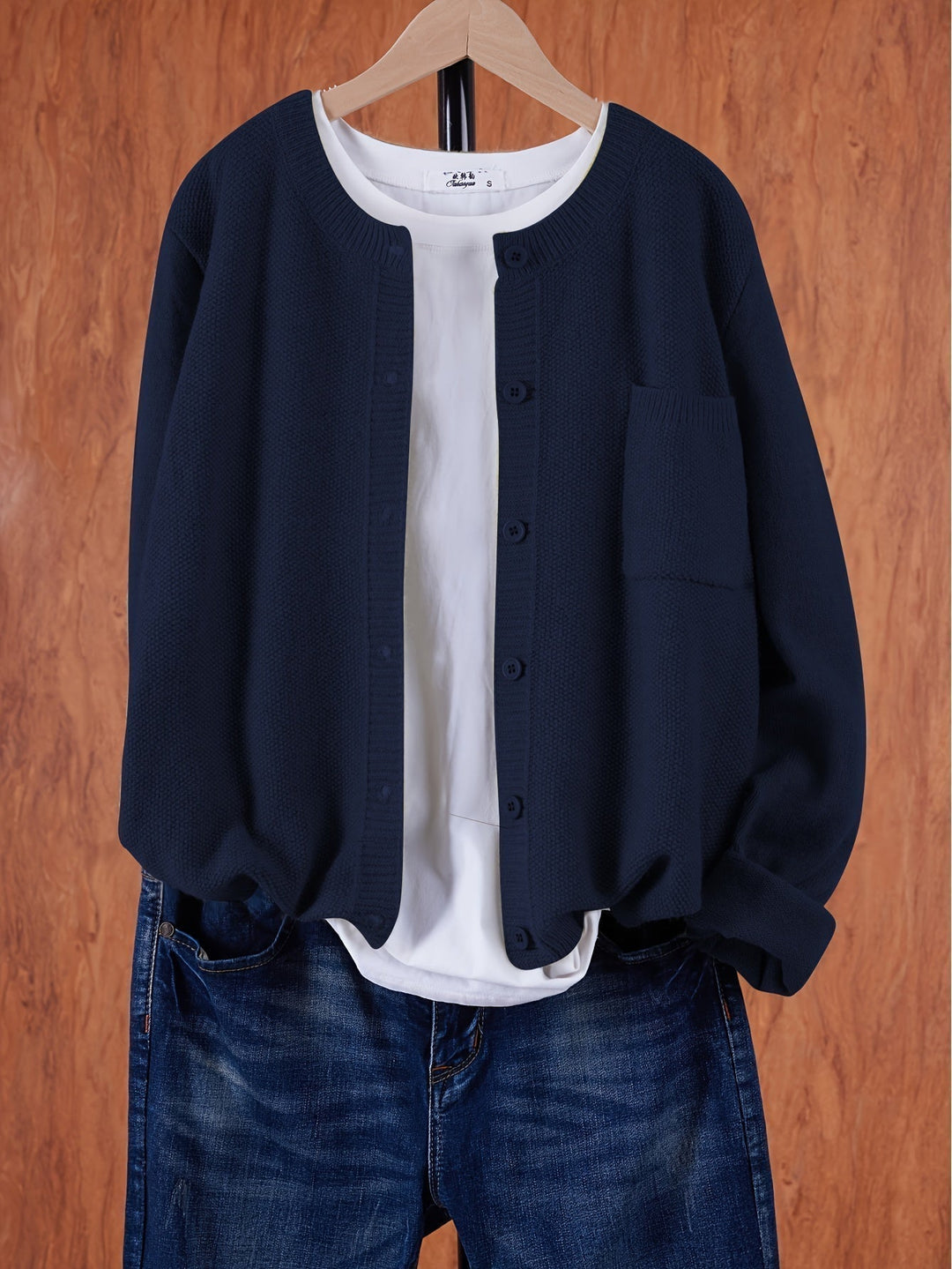 Crew Neck Button Cardigan with Chest Pocket