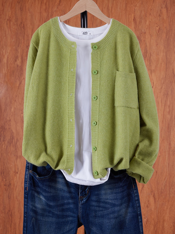 Crew Neck Button Cardigan with Chest Pocket