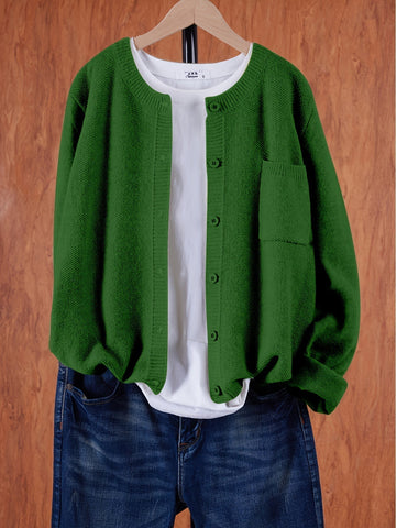 Crew Neck Button Cardigan with Chest Pocket