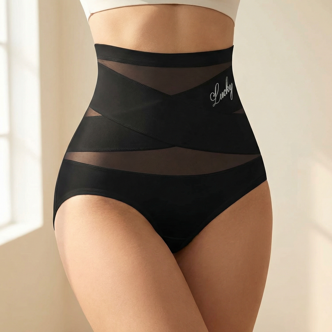 Black high-waist shaping briefs with criss-cross mesh bands