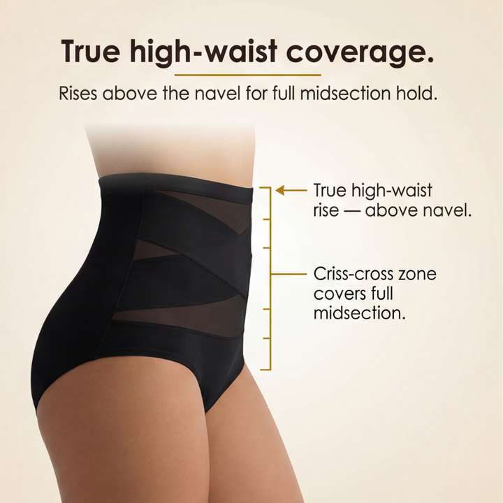 Feature panel with callouts on the true high-waist rise