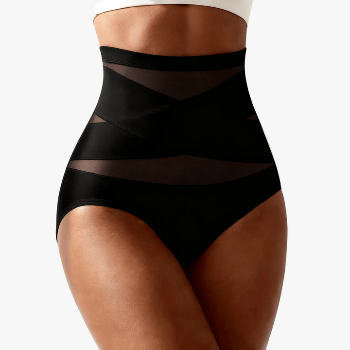 Black high-waist shaping briefs shown on a plain backdrop
