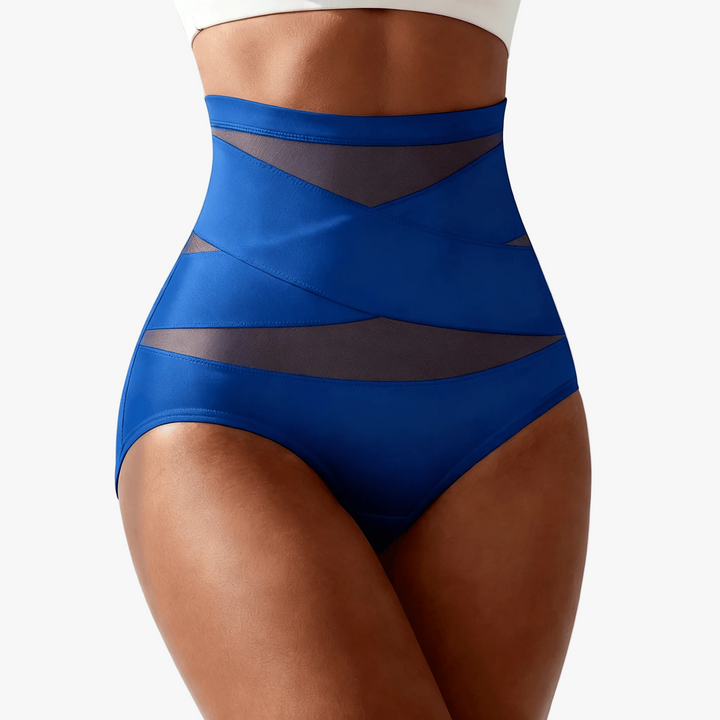 Cobalt high-waist shaping briefs with criss-cross mesh bands