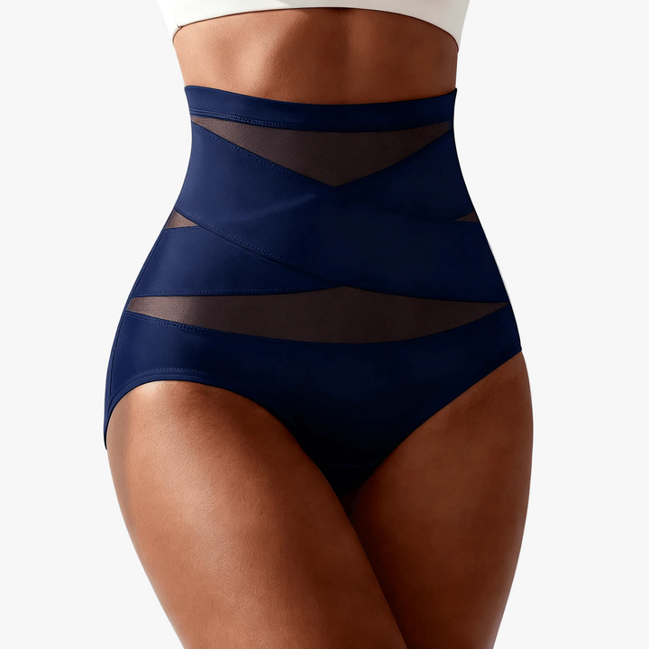 Navy high-waist shaping briefs with criss-cross mesh bands