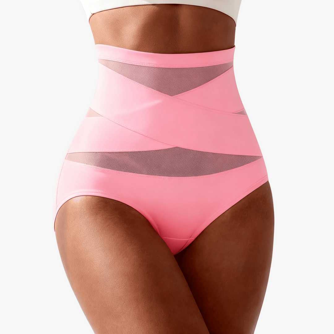 Pink high-waist shaping briefs with criss-cross mesh bands