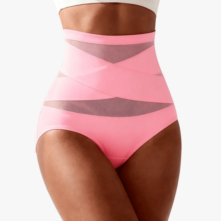 Pink high-waist shaping briefs with criss-cross mesh bands