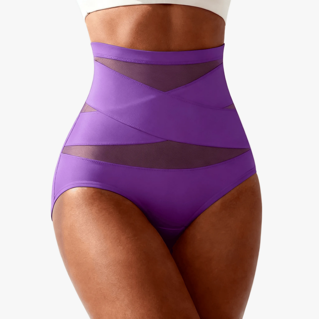 Purple high-waist shaping briefs with criss-cross mesh bands