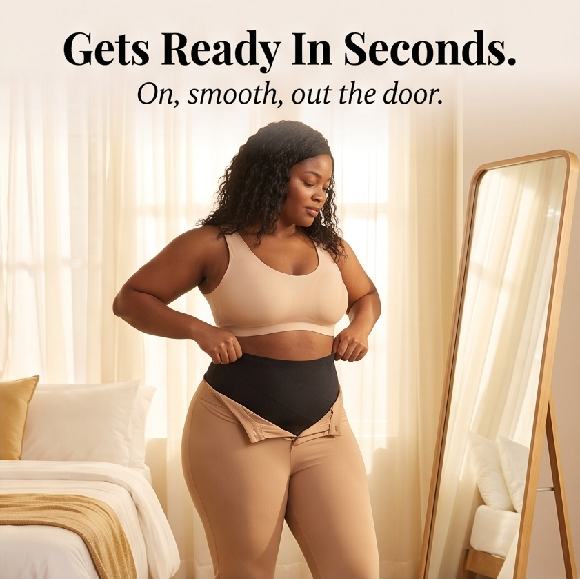 Feature panel of a woman pulling on the briefs at a mirror