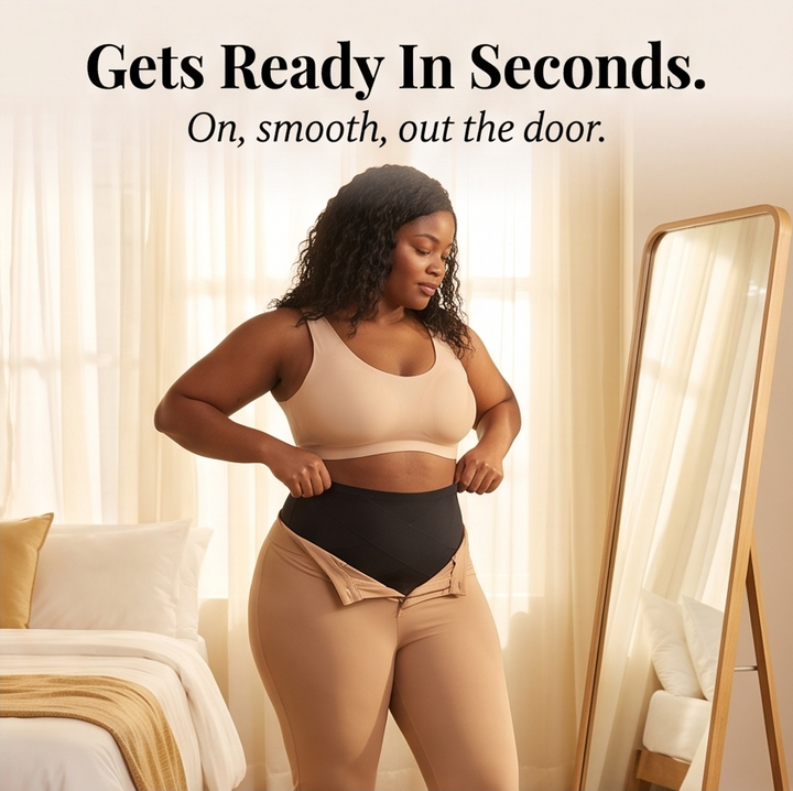 Feature panel of a woman pulling on the briefs at a mirror