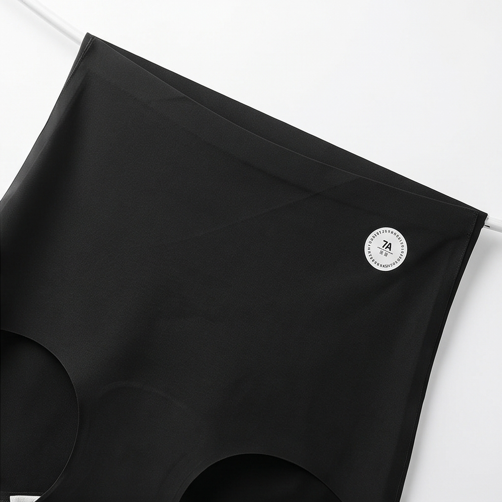 Folded black high-waist briefs on a white surface