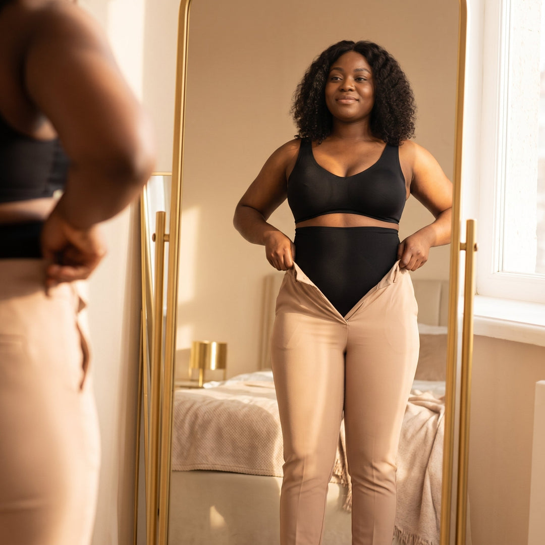 Woman at a mirror pulling trousers over black shaping briefs