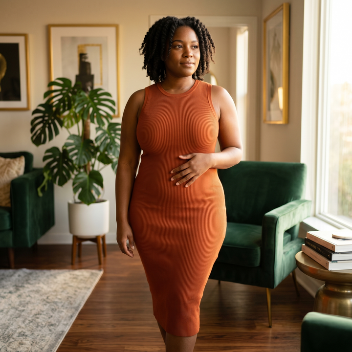 Woman in a rust ribbed midi dress in a living room