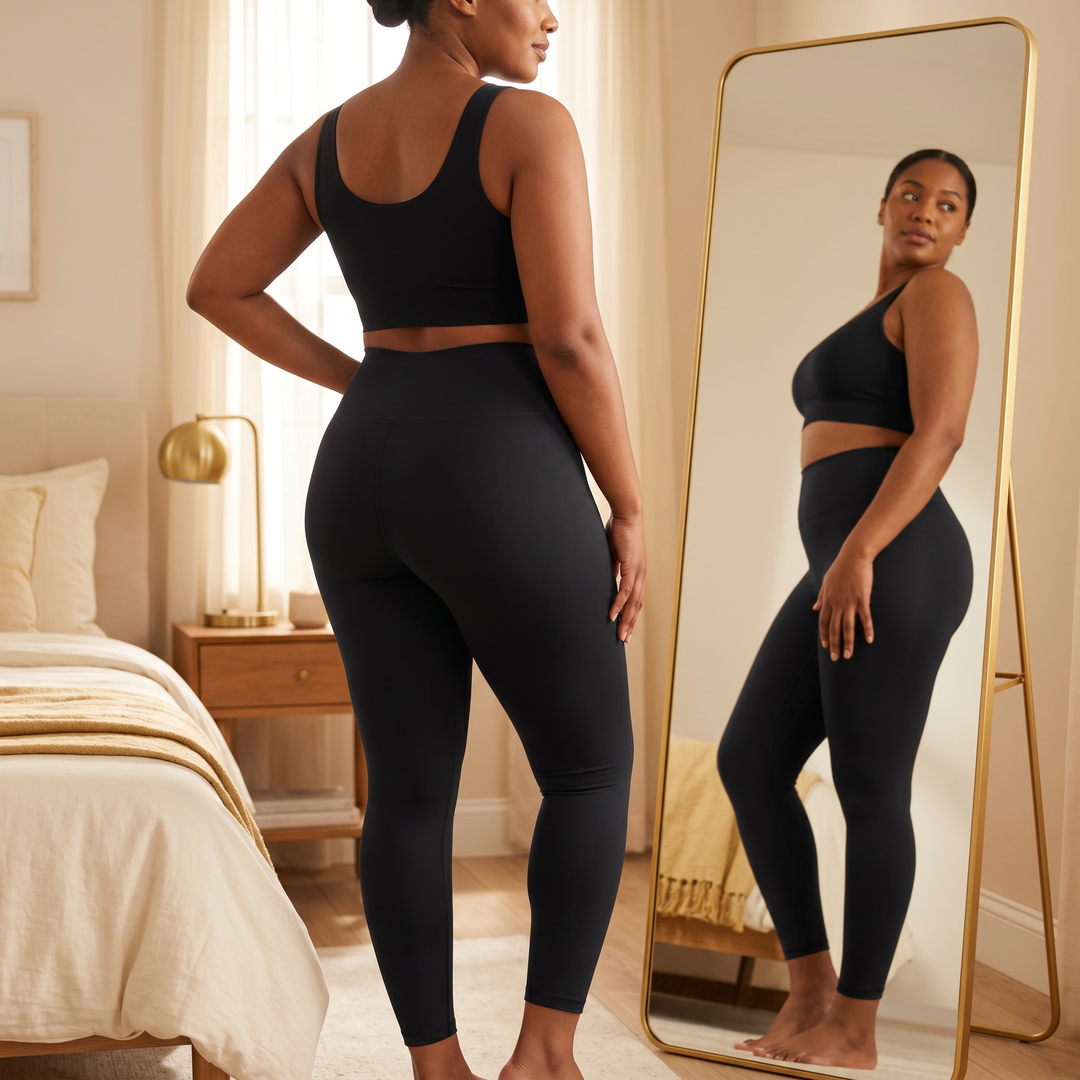 Woman at a mirror in a black top and leggings, front and back
