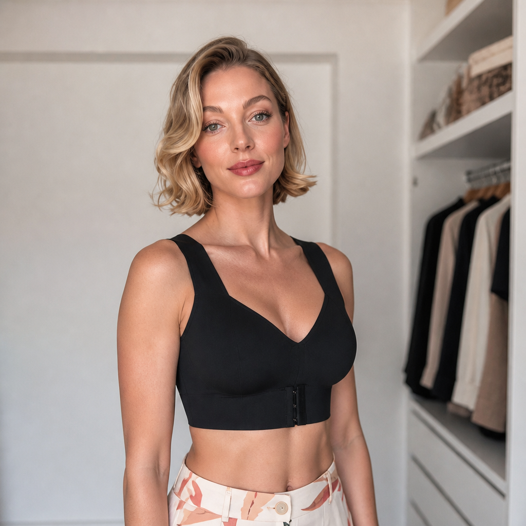 Black front-closure bra worn with printed trousers