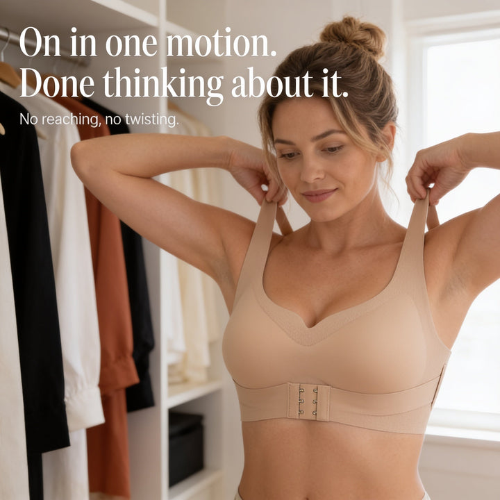 Feature panel showing the bra being pulled on in one motion
