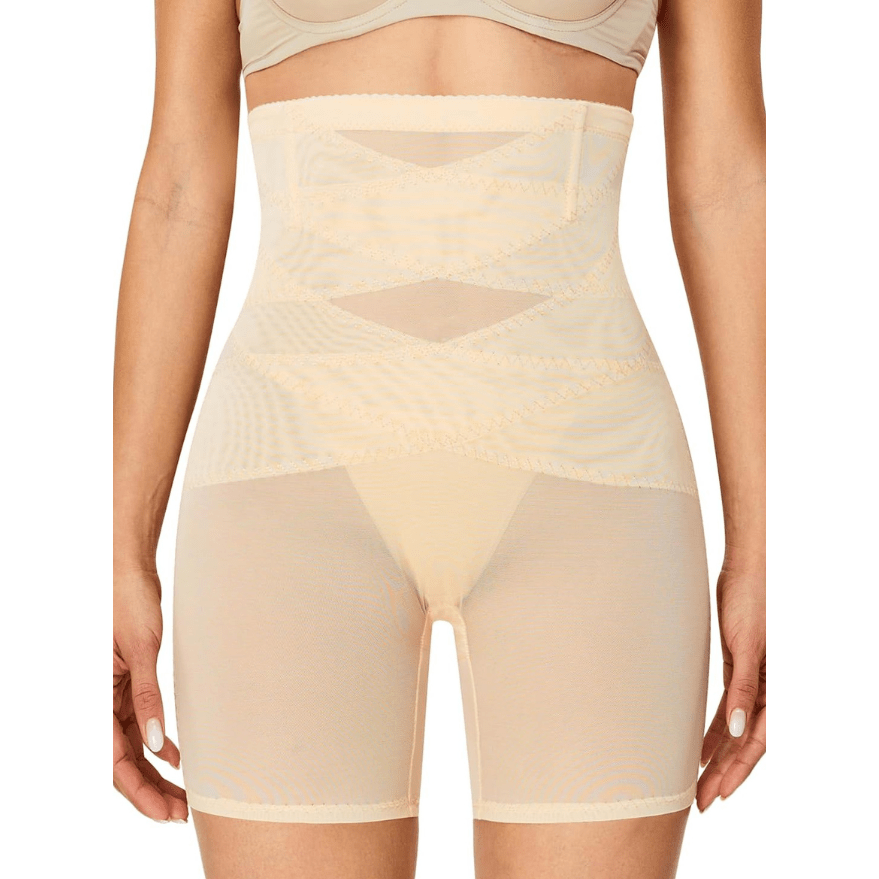 Ivory high-waist compression shorts with criss-cross lace