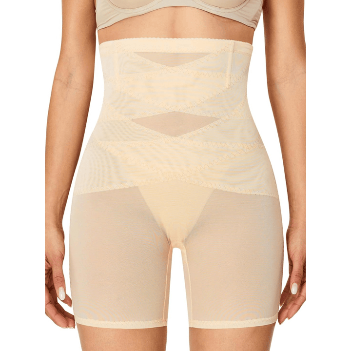 Ivory high-waist compression shorts with criss-cross lace