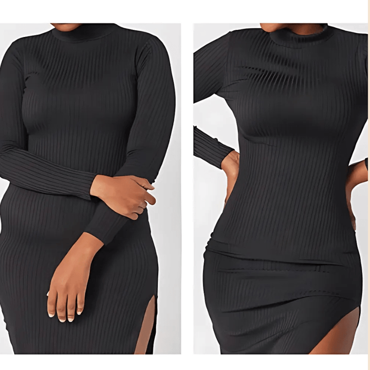 Two views of a black ribbed midi dress with a side slit
