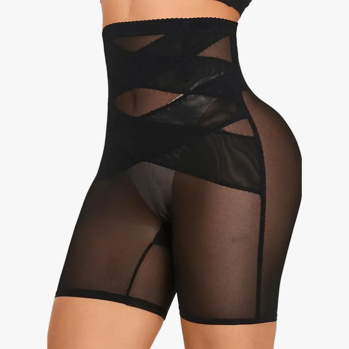 Black high-waist shaping shorts with criss-cross mesh bands