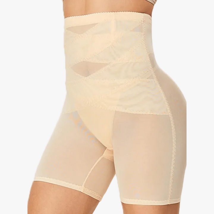 Side view of ivory high-waist shorts with criss-cross lace
