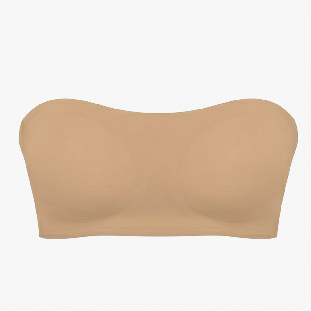 Tan strapless bandeau bra shown flat