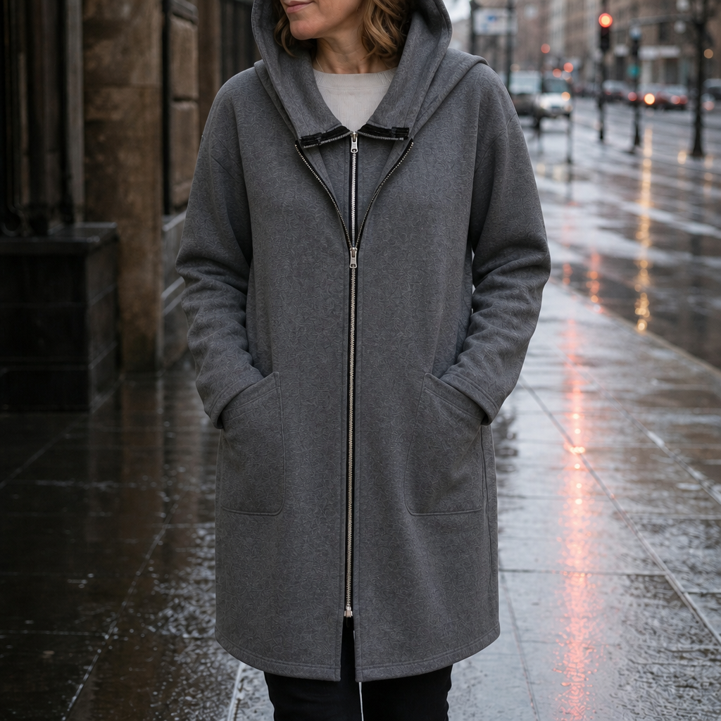 Grey hooded travel coat with the hood up in the rain