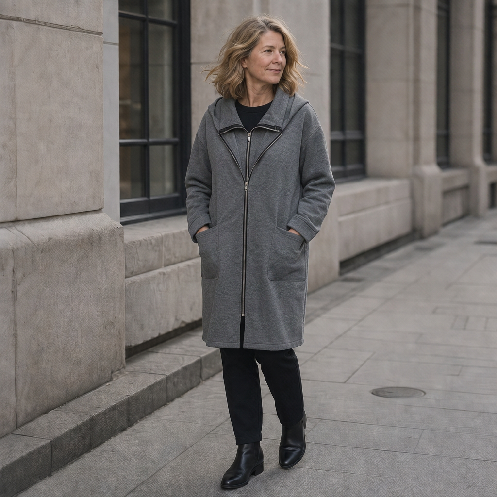 Woman on a city pavement in a grey hooded travel coat