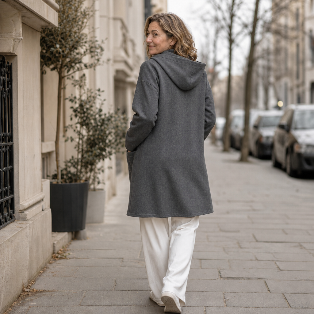 Back view of a grey hooded travel coat with white trousers
