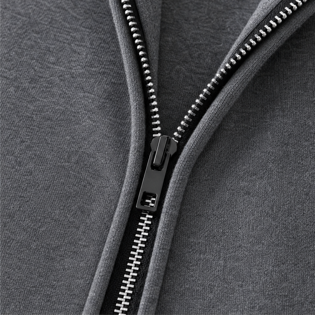 Metal zip detail on a grey hooded travel coat