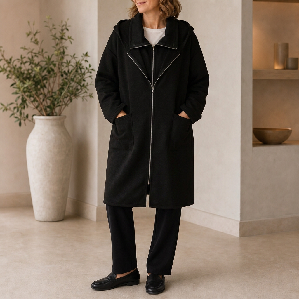 Black hooded travel coat with an asymmetric zip front