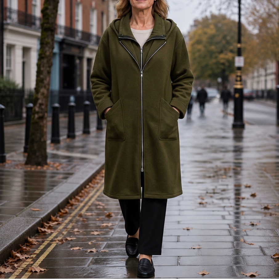 Olive hooded travel coat worn on a rainy street