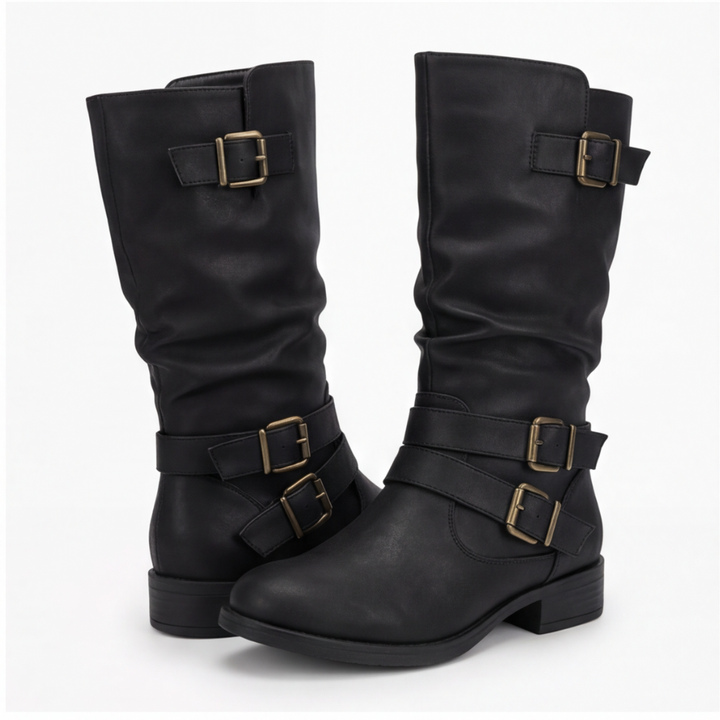 Black slouch mid calf boots with three buckle straps