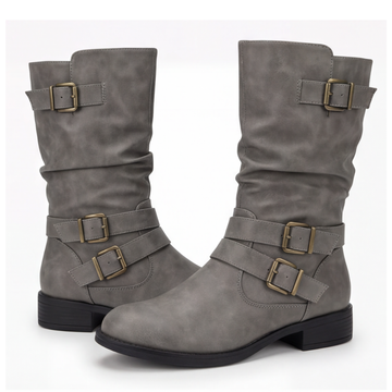 Crushed Slouch Triple Buckle Mid Calf Boots