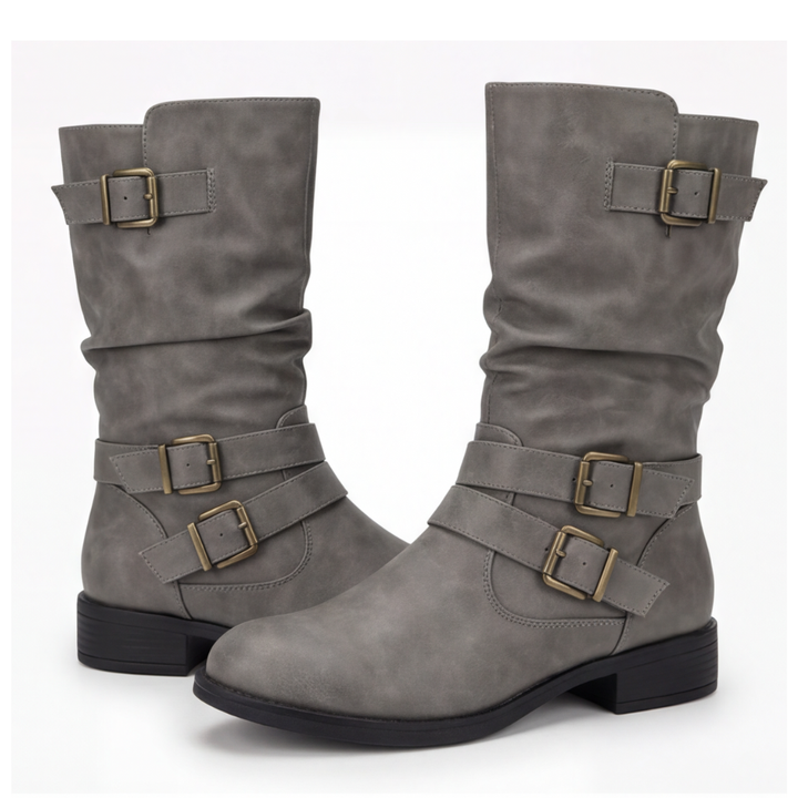 Grey slouch mid calf boots with three antique buckle straps