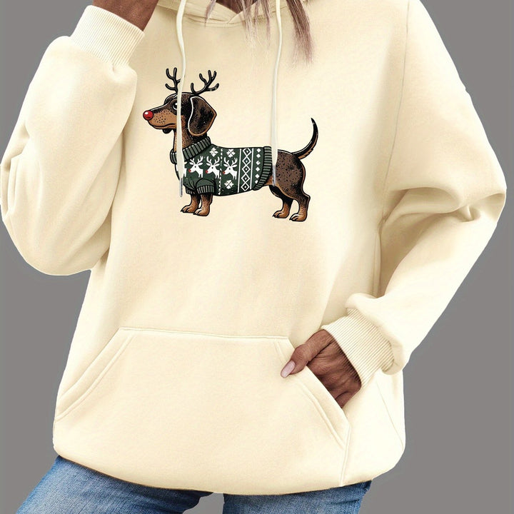 Cream drawstring hoodie with a dachshund in a Christmas sweater print