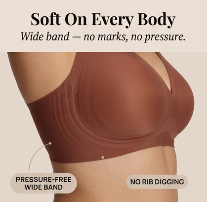 Feature panel showing the wide band of a rust wireless bra in side view