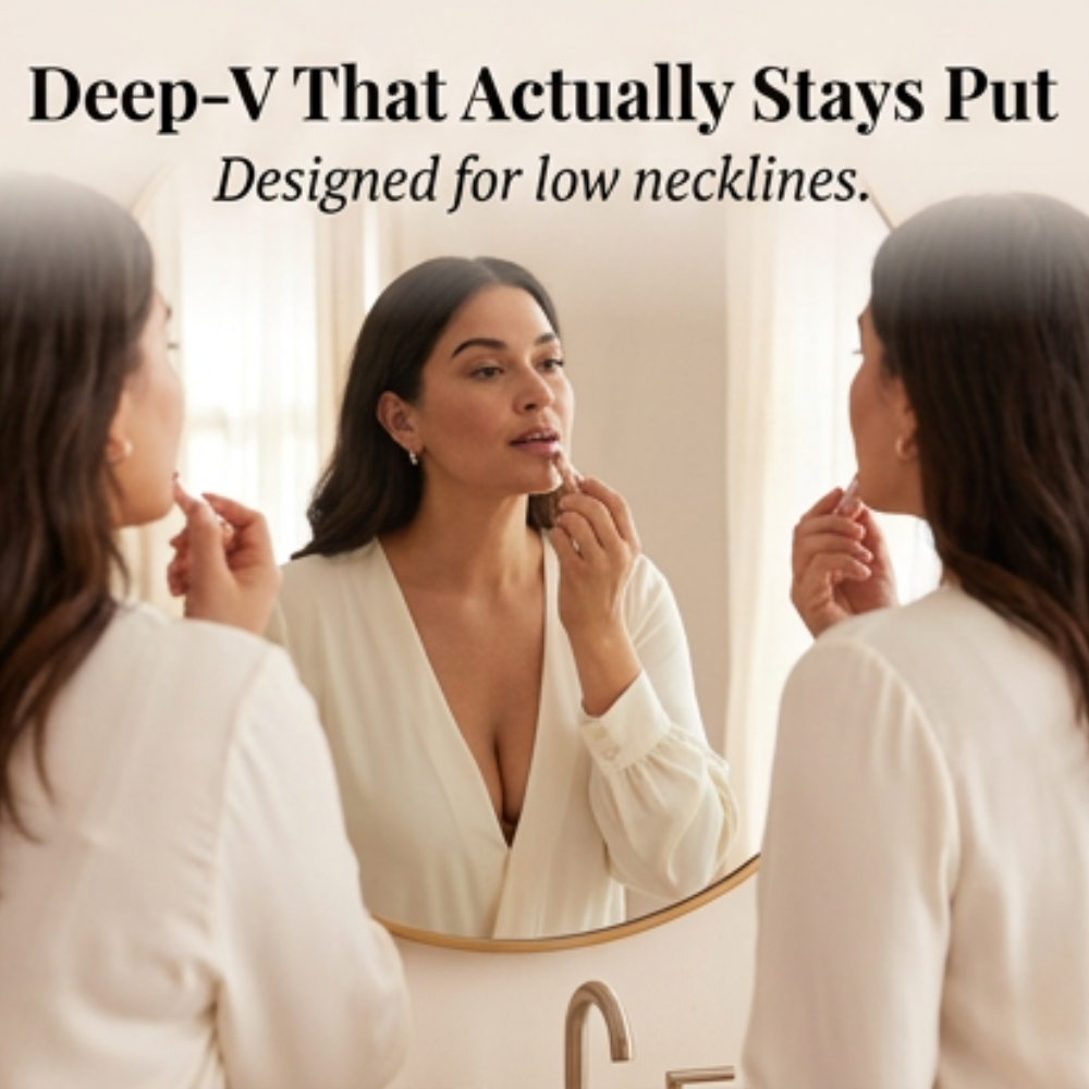 Feature panel of the deep-V bra worn under a low neckline