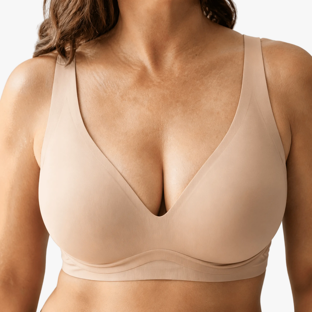 Nude deep-V jelly cup wireless bra worn on a body